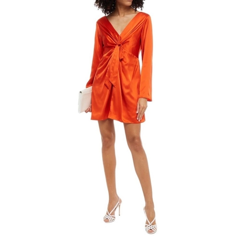 NWT Cinq a Sept Caelan Blood Orange Silk Tie Front Mini Dress Bell Sleeve Size 6